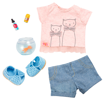 Cat-Themed Outfit & Fishbowl for 18-inch Dolls